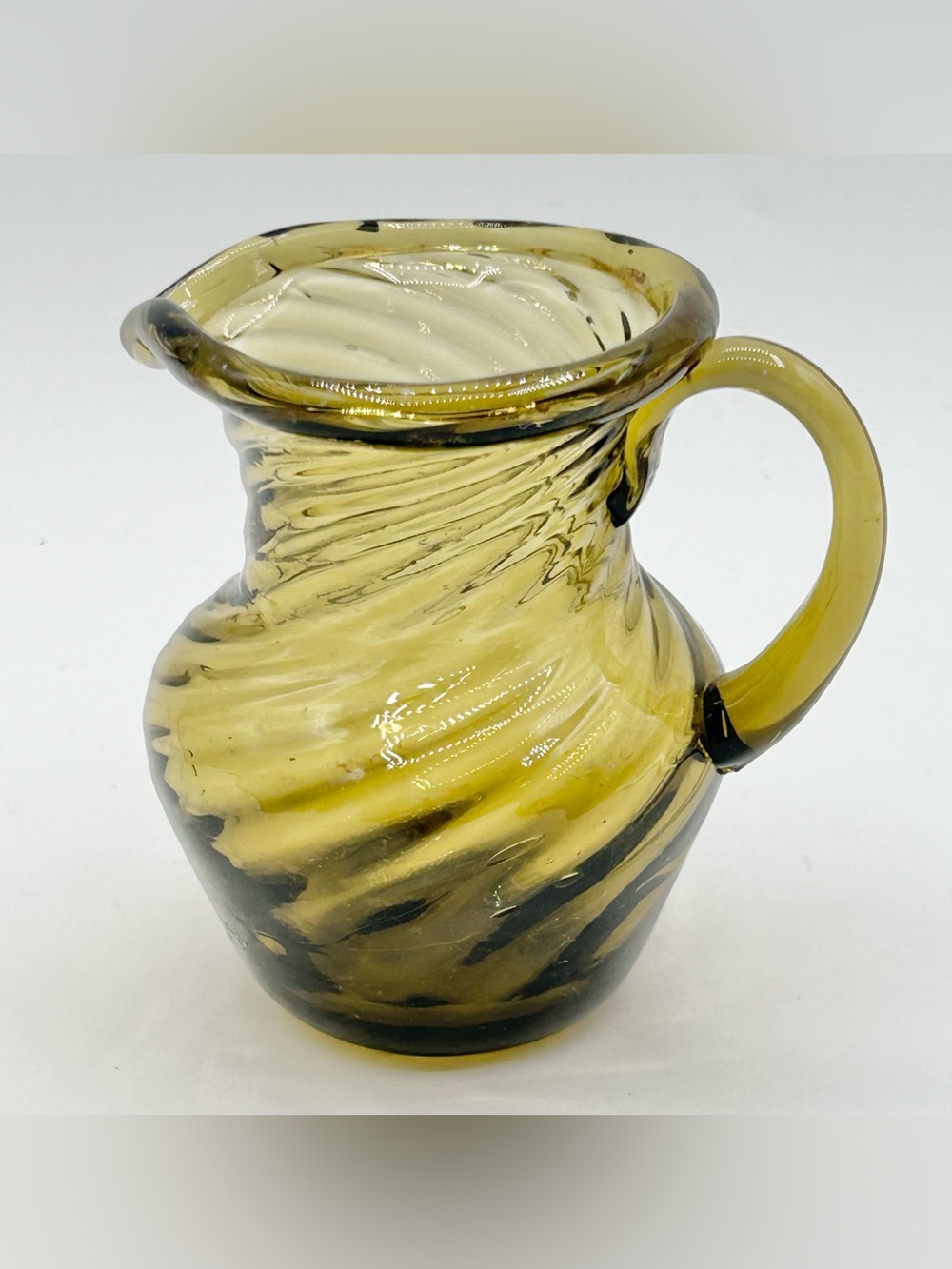Vintage Hand Blown Swirl Miniature Pitcher Creamer Avocado Green 3”